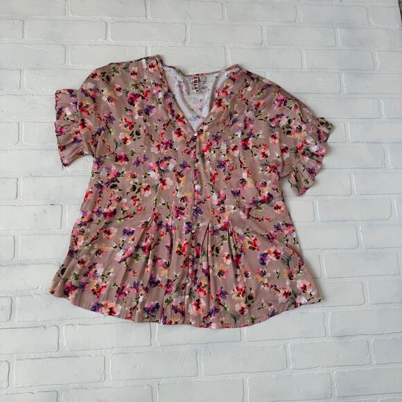 DOLAN Anthropologie Pink Taupe Flower Print Peplum Flutter Top sz L - Picture 1 of 6